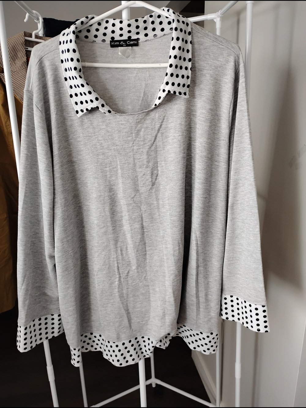 Kim & Cami Light Gray Pullover with Black Polka Dot Collar